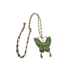 Vintage Plique A Jour Butterfly Pendant Necklace (A663)